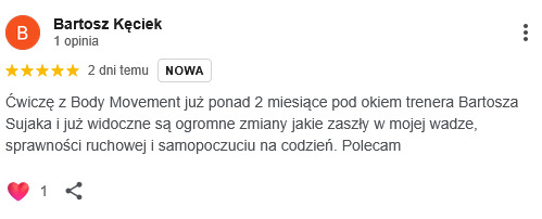Screen opinii Bartka: Opinia Bartka o treningach personalnych w Body Movement Ursynów po dwóch miesiącach współpracy