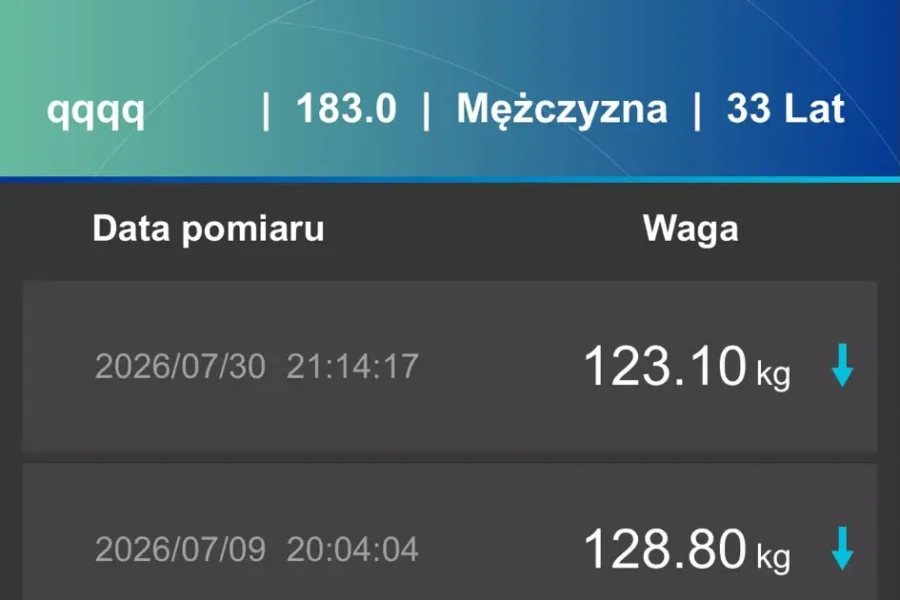 Pomiary masy ciała Bartka – spadek ze 133,9 kg do 123,1 kg w Body Movement Ursynów